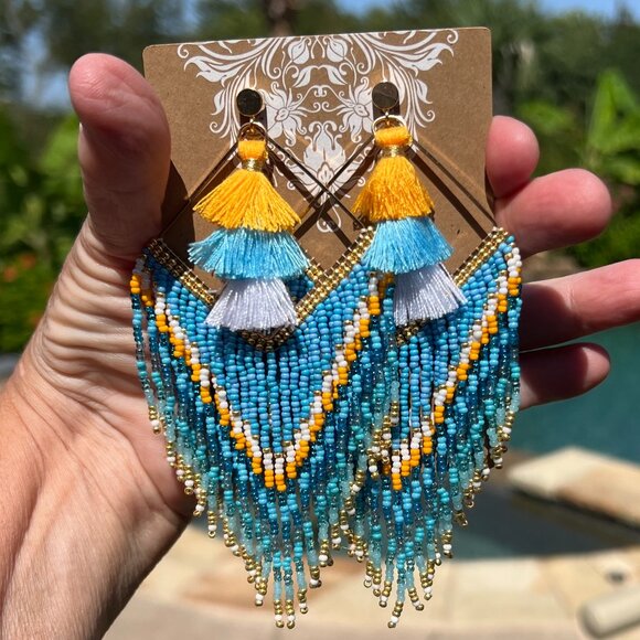 Handmade Beaded Long Tassel Fringe Dangle Drop Bohemian Post Diamond Earrings - Picture 3 of 9